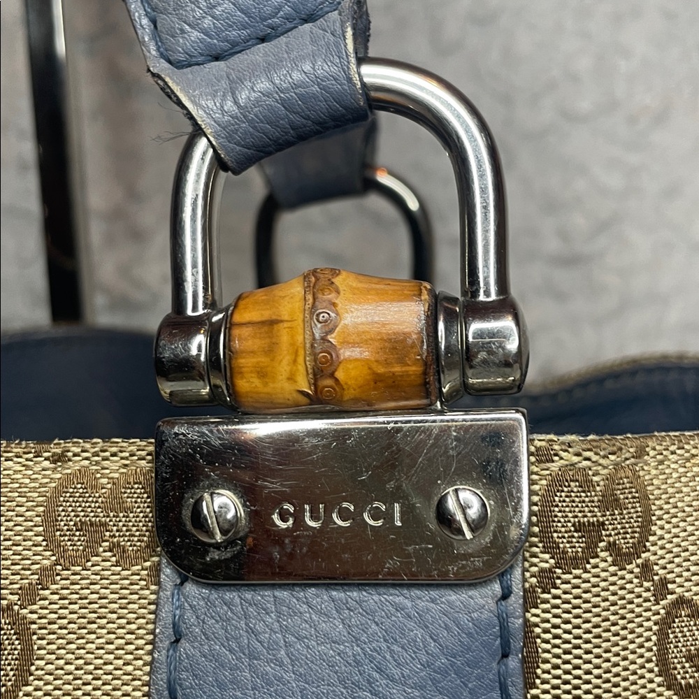 Gucci Guccissima Canvas & Sapphire Blue Leather Bamboo Large Shoulder Bag Tote - Picture 4 of 17